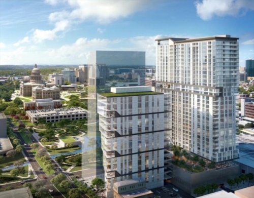 A previously released proposal for the former HealthSouth property's redevelopment from Aspen Heights Partners centers on two towers containing a range of community benefits. (Courtesy Austin Economic Development Department)