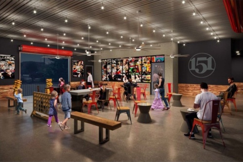 A rendering of the interior of 151 Coffee, with tables, seating, giant Jenga and giant Connect Four