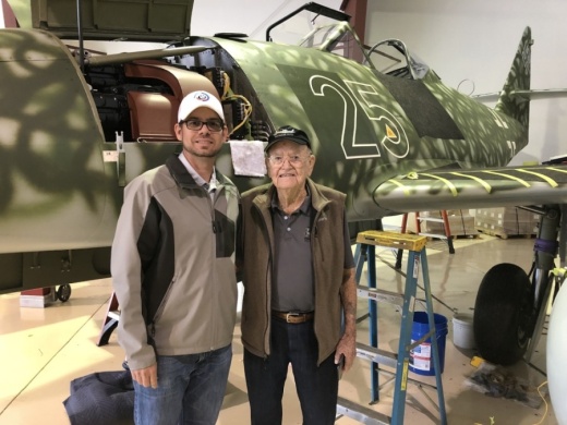 World War II veteran and Austin native and resident Huie Lamb (right) stands with Memorial Mini Golf and Museum co-owner Brian McKinney at the establishment in 2020 prior to its opening. (Courtesy Brian McKinney)