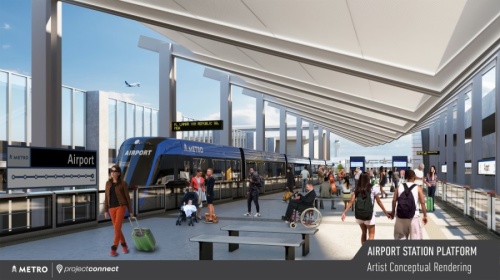 A rendering shows a possible design for the Blue Line rail station at Austin-Bergstrom International Airport. (Rendering courtesy Capital Metro) 