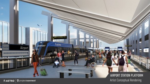A rendering shows a possible design for the Blue Line rail station at Austin-Bergstrom International Airport. (Rendering courtesy Capital Metro)