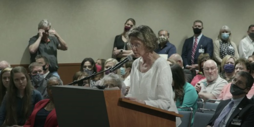 Area resident Cathie Locetta speaks against critical race theory during a Conroe ISD board meeting. (Screenshot via YouTube)