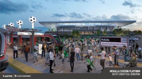 A rendering shows the McKalla Station near Austin FC's Q2 Stadium, which is scheduled to break ground in 2022. (Rendering courtesy Capital Metro) 