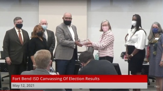 Fort Bend ISD held a ceremony May 12 recognizing outgoing trustees Grayle James and Addie Heyliger. (Screenshot courtesy Fort Bend ISD)