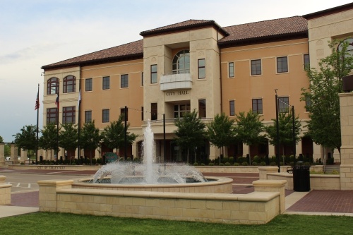 Colleyville City Hall and the fountain in front of it