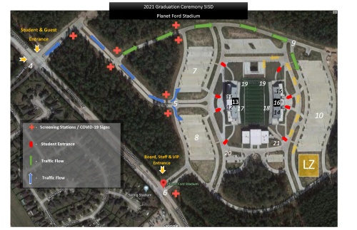 Students, parents and guests will be directed to parking Lots A and B at Planet Ford Stadium. Overflow parking will be directed to Lot D. (Courtesy of Spring ISD)
