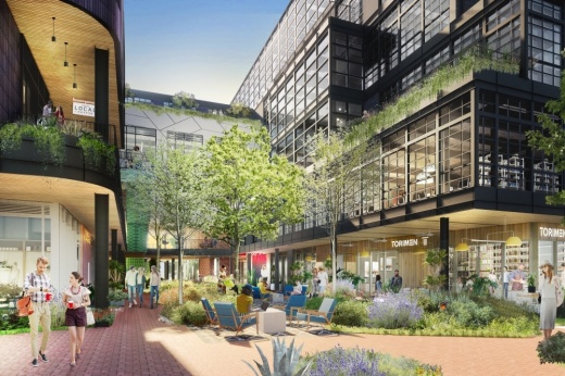 This rendering shows the mix of office and retail uses that are possible with the Montrose Collective, which is slated for completion this summer. (Courtesy Michael Hsu Office of Architecture)
