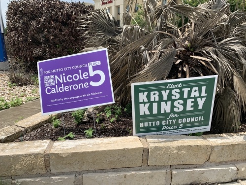 Unofficial Election Day results in the June 5 Runoff Election for Hutto City Council Place 5 came in just after 9 p.m., showing Krystal Kinsey maintaining a lead over Nicole Calderone. (Megan Cardona/Community Impact Newspaper)