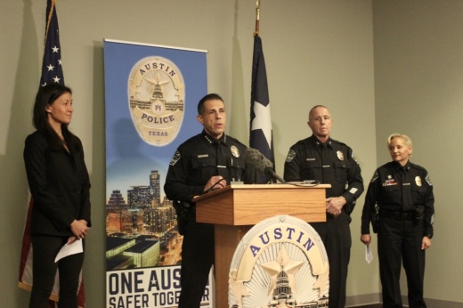 Austin Police Department Interim Chief Joseph Chacon (center) was joined by cadet training academy leadership June 9 to discuss the program's relaunch this month. (Ben Thompson/Community Impact Newspaper)
