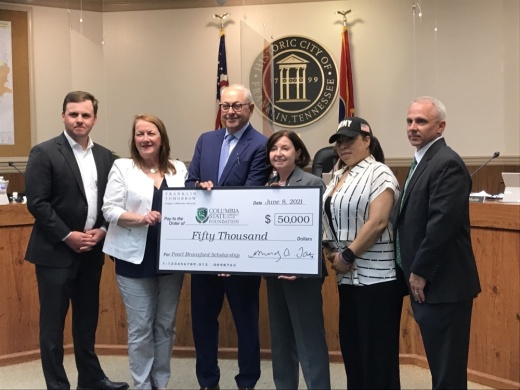 Franklin Tomorrow presented a $50,000 contribution to the Pearl Bransford Memorial Scholarship Fund June 8. (Wendy Sturges/Community Impact Newspaper)