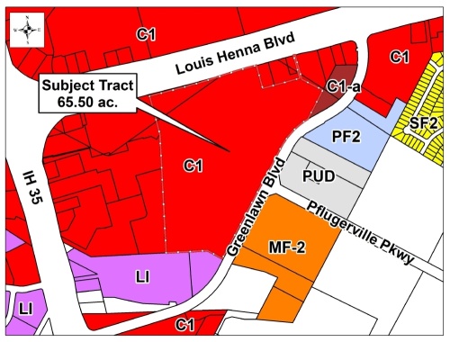 The property being approved for rezoning from C-1 to PUD at the intersection of Greenlawn and Louis Henna Boulevards will become home to The District if approved. (Courtesy City of Round Rock)