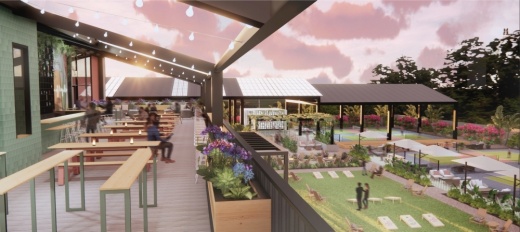 The 4.6-acre pickleball-themed complex will have 12 pickleball courts and a two-story restaurant with a large patio and rooftop bar. (Courtesy Electric Pickle)