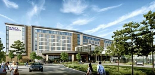 The hotel, located in Grand Central Park, will include a convention center, pool, fitness center and ballroom. (Rendering screenshot via Conroe City Council livestream)
