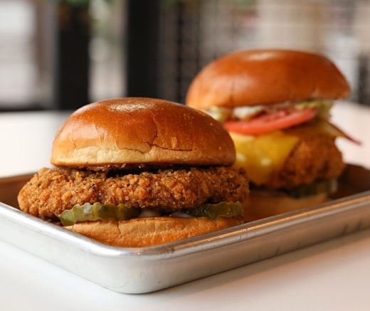 Photo of two vegan chicken sandwiches