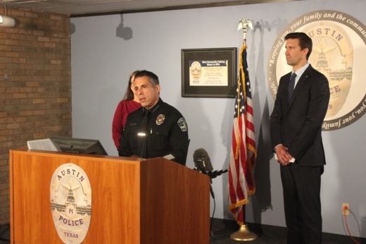 Joseph Chacon, interim chief of the Austin Police Department, gives an update on Austin's recent move into the second phase of Proposition B camping ban enforcement June 15 alongside Homeless Strategy Officer Dianna Grey and City Manager Spencer Cronk. (Ben Thompson/Community Impact Newspaper)