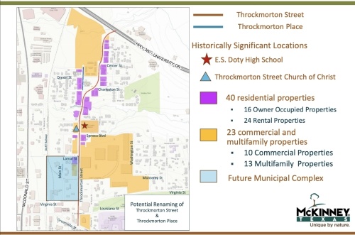 McKinney city staff identified several businesses and residences that would be potentially effected by the renaming of Throckmorton Street and Throckmorton Place. (Image courtesy city of McKinney)