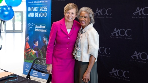 Alvin Community College President Christal Albrecht (left) and University of Houston-Clear Lake President Ira Blake signed an articulation agreement expansion June 10 that will allow ACC associate degree students to co-enroll in UHCL’s Bachelor of Science in nursing program. (Courtesy University of Houston-Clear Lake)