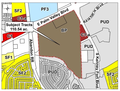 The 110.54 acre tract of land at the intersection of E. Palm Valley Boulevard and S. Kenney Fort Boulevard has been recommended for rezoning to urban style mixed use by the Round Rock Planning and Zoning Commission. (Courtesy City of Round Rock)