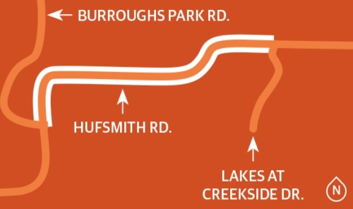 The project that will upgrade Hufsmith Road between Burroughs Park Road and Lakes at Creekside Drive by adding a second access road to Burroughs Park and incorporate intersection improvements and traffic signal modifications as needed. (Ronald Winters/Community Impact Newspaper) 