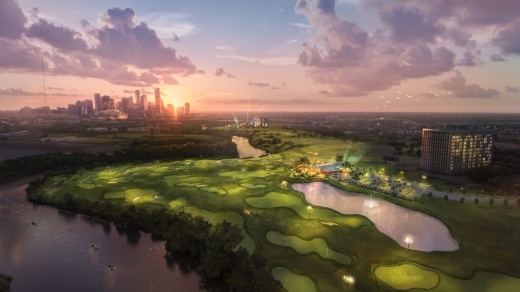 The East River 9 golf course and Riverside Houston restaurant will be overlooking the city of Houston skyline. (Rendering of Riverhouse Houston; Courtesy of Sterling Illustration)