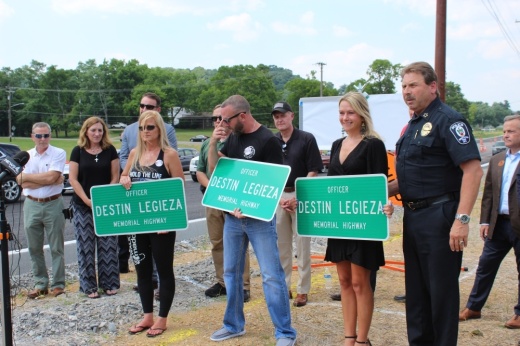 Officials and members of Legieza's family attended a ceremony June 18 to name a portion of Franklin Road in his honor. (Wendy Sturges/Community Impact Newspaper)