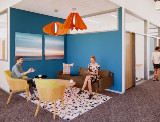 Scheduled to open in September, Nimble Workspaces will provide flexible workspace options at Redemption Square in the Lake Houston area. (Rendering courtesy of McCord Development)