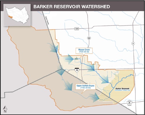 The Barker Reservoir watershed encompasses the area that drains into Barker Reservoir. This reservoir, together with Addicks Reservoir, was created as part of a federal project to control flooding on Buffalo Bayou and protect downtown Houston. (Courtesy Harris County Flood Control District)
