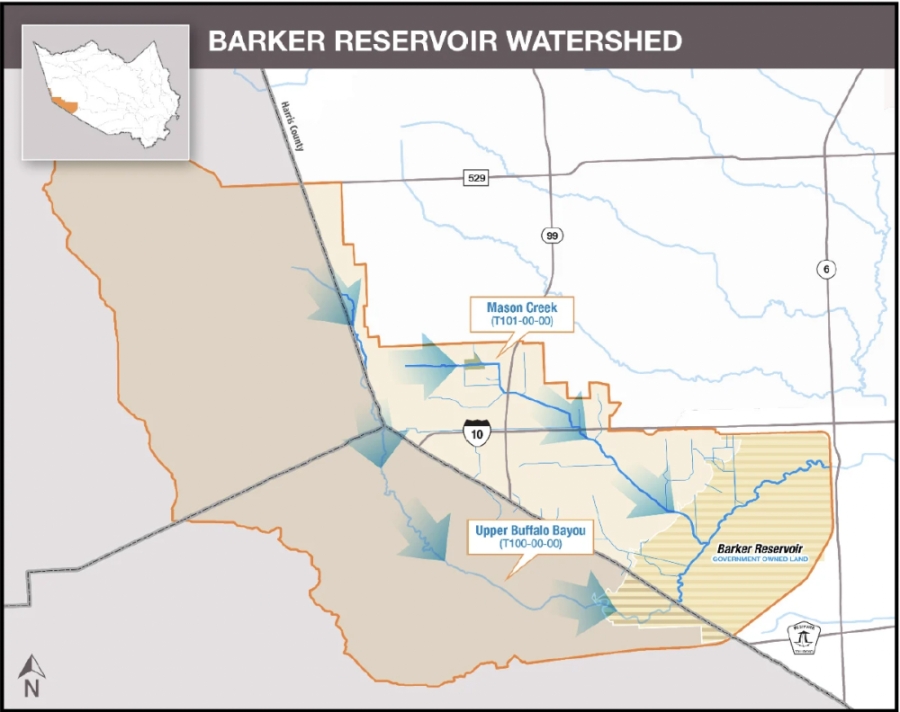 The Barker Reservoir watershed encompasses the area that drains into Barker Reservoir. This reservoir, together with Addicks Reservoir, was created as part of a federal project to control flooding on Buffalo Bayou and protect downtown Houston. (Courtesy Harris County Flood Control District) The Barker Reservoir watershed encompasses the area that drains into Barker Reservoir. This reservoir, together with Addicks Reservoir, was created as part of a federal project to control flooding on Buffalo Bayou and protect downtown Houston. (Courtesy Harris County Flood Control District)
