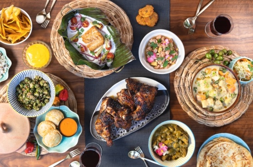 Photo of a spread of Caribbean food