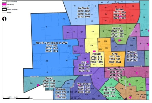 The Katy ISD board of trustees reviewed a proposed attendance boundary modification for Bryant Elementary School, which is being proposed to address the growth within the neighborhoods surrounding that campus and transition students who reside primarily in the Cane Island development to the coming Elementary No. 44. (Courtesy Katy ISD)