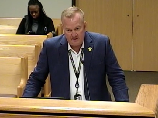 Montgomery County Sheriff Rand Henderson—pictured during a Dec. 15 Commissioners Court meeting—has agreed to send jailers to the border. (Screenshot via Montgomery County Commissioners Court)