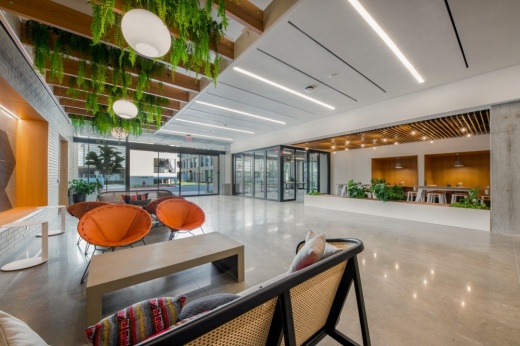 The East Austin campus's two office buildings are now open to tenants. (Courtesy Aquila Commercial)