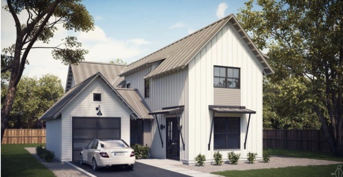 This rendering is an example of one of the 60 planned Farmhaus homes. (Courtesy Chupik Properties)