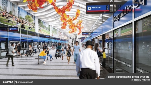 Project Connect's proposed Republic Square Station would have stops for the Blue and Orange lines. (Rendering courtesy Project Connect)