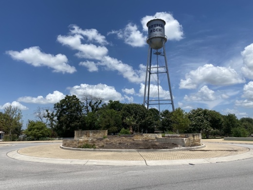 The downtown Round Rock roundabout sign was damaged in two car wrecks in the past year and was removed to be sent to the manufacturer for repair. (Brooke Sjoberg/Community Impact Newspaper)