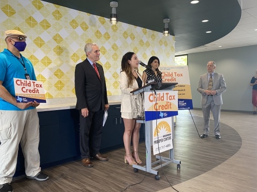 Rep. Lloyd Doggett, Austin resident Cristina Guajardo, and council member Vanessa Fuentes spoke at a press conference regarding the expanded Child Tax Credit. (Trent Thompson/Community Impact Newspaper)