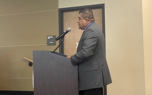PfISD Chief Operations Officer Ed Ramos addresses the board July 15. (Brian Rash/Community Impact Newspaper)