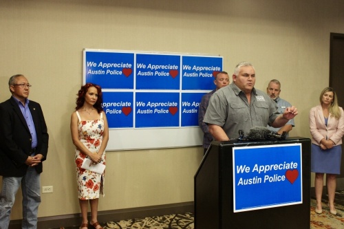 Austin Police Association President Ken Casaday speaks during a July 12 Save Austin Now event about the group's public safety petition drive. (Ben Thompson/Community Impact Newspaper)