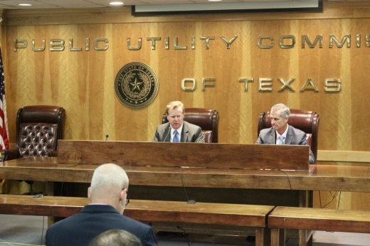 Peter Lake (left), chair of the Public Utility Commission of Texas, and Brad Jones, interim president and CEO of the Electric Reliability Council of Texas, provided an update on state regulators' electric grid redesign efforts in Austin on July 22. (Ben Thompson/Community Impact Newspaper)