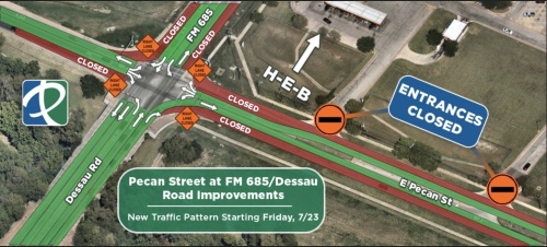 Improvements taking place at the intersection of Pecan Street and FM 685 will undergo a new phase of construction starting July 23. (Image courtesy city of Pflugerville)