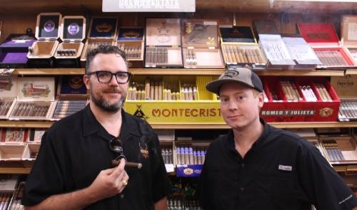 Owner Bob Peacock (left) is the son of Mike, who bought Michael’s Tobacco in Euless 15 years ago. Brandon Payne (right) manages the Keller store. (Kira Lovell/Community Impact Newspaper)