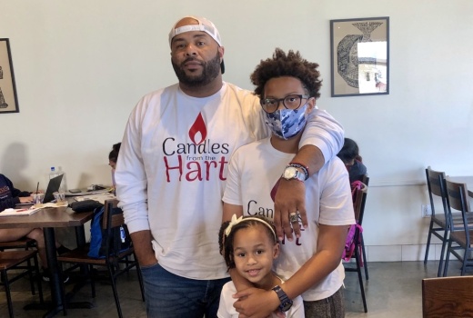 Hart Wilson (right) launched Candles from the Hart with his father, Michael Wilson (left), and mother, Staci Wilson. He aims to earn $200,000 to pay for his college tuition and that of his younger sister, Paige Wilson (center). (Andy Yanez/Community Impact Newspaper)