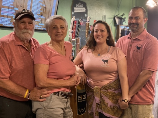 From left, Dale “Woody” Woodkey, Marilyn Klassen, Chelsea Robertson and Jim McDonald form the ownership group of Three Legged Goat. (Brian Rash/Community Impact Newspaper)