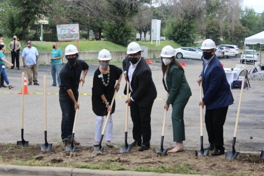 From left: District 4 Council Member Greg Casar; Caritas of Austin President and CEO Jo Kathryn Quinn; Donnell McGhee, Vecino Group senior development manager; Rosie Truelove, Austin Housing Finance Corp. housing and planning director; and Mayor Steve Adler marked the groundbreaking of the Espero Rutland project Aug. 9. (Ben Thompson/Community Impact Newspaper)