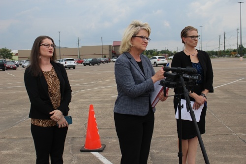 Special education advocate Karen Cunningham (middle) along with Kelly Rhame (left) and Heidi Simpson spoke during a news conference on Aug. 4 about their concern regarding Pearland ISD's support for special education students. (Andy Yanez/Community Impact Newspaper)
