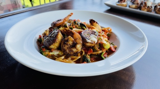 Linguini carbonara with blackened sea scallops and shrimp (Courtesy Bistro Trio Euro Tavern)