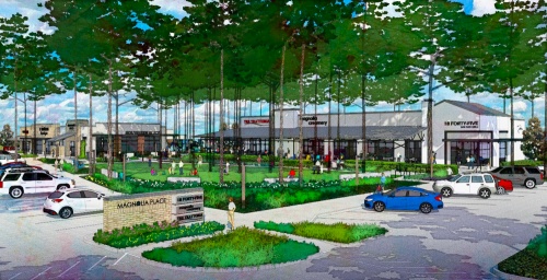 Magnolia Place is a mixed-use project in Magnolia developed by Stratus Properties Inc. which will feature a 95,000-square-foot H-E-B grocery story. (Rendering courtesy Stratus Properties Inc.)