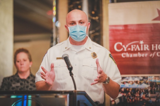 Justin Reed, assistant chief of EMS for the Cy-Fair Fire Department speaks about the state of the local health care system at an Aug. 17 Cy-Fair Houston Chamber of Commerce meeting. (Courtesy Capt. Daniel Arizpe, PIO/Cy-Fair Fire Department)