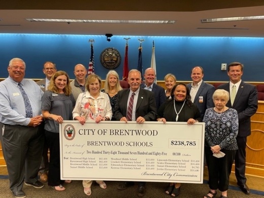 The Brentwood City Commission presented checks to schools and community groups Aug. 23. (Courtesy city of Brentwood)