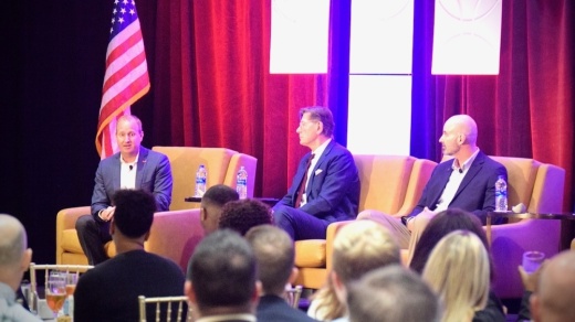 From left: Frisco Mayor Jeff Cheney, Hall Group President Don Braun and Frisco ISD Superintendent Mike Waldrip participate in a Q&A panel on Aug. 24 detailing how the public-private partnership for a performing arts center came to fruition. (Matt Payne/Community Impact Newspaper)
